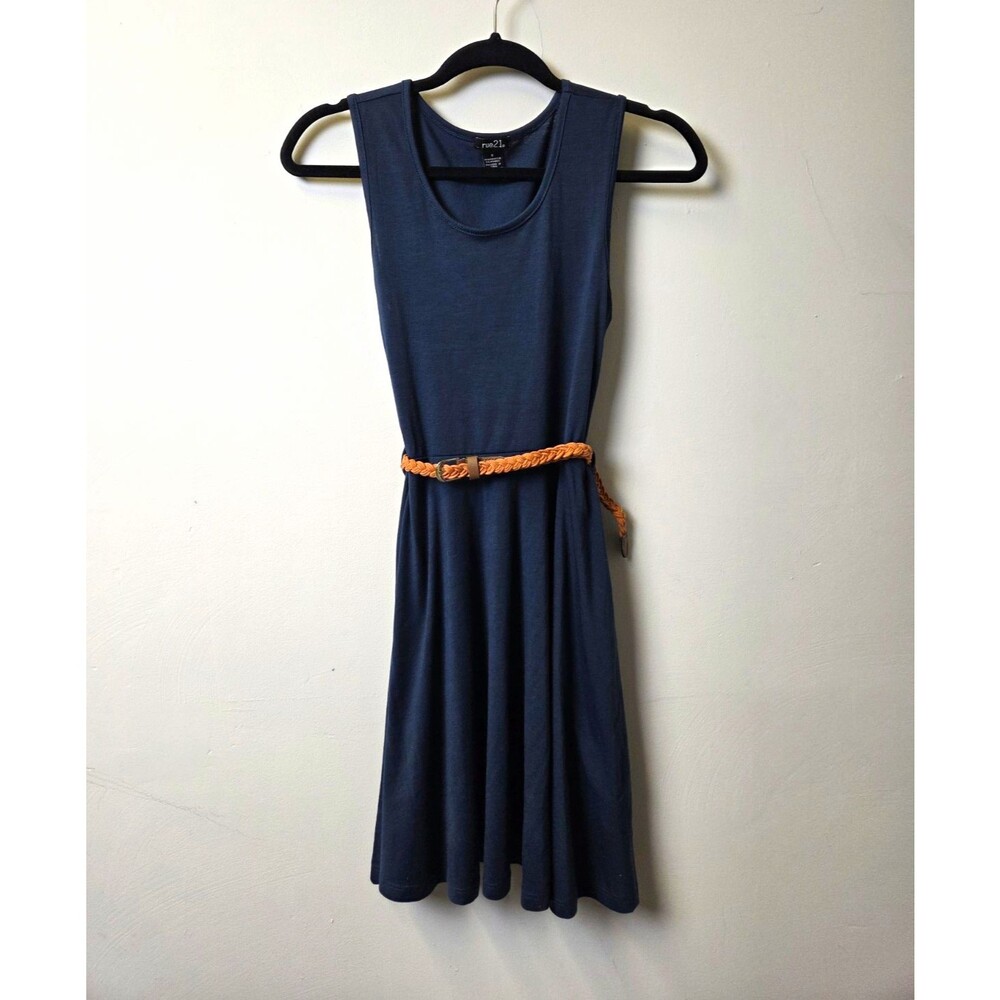 rue21 Women's Blue Knit A-Line Dress Scoop Neck Sleeveless Belted S Knee Poly